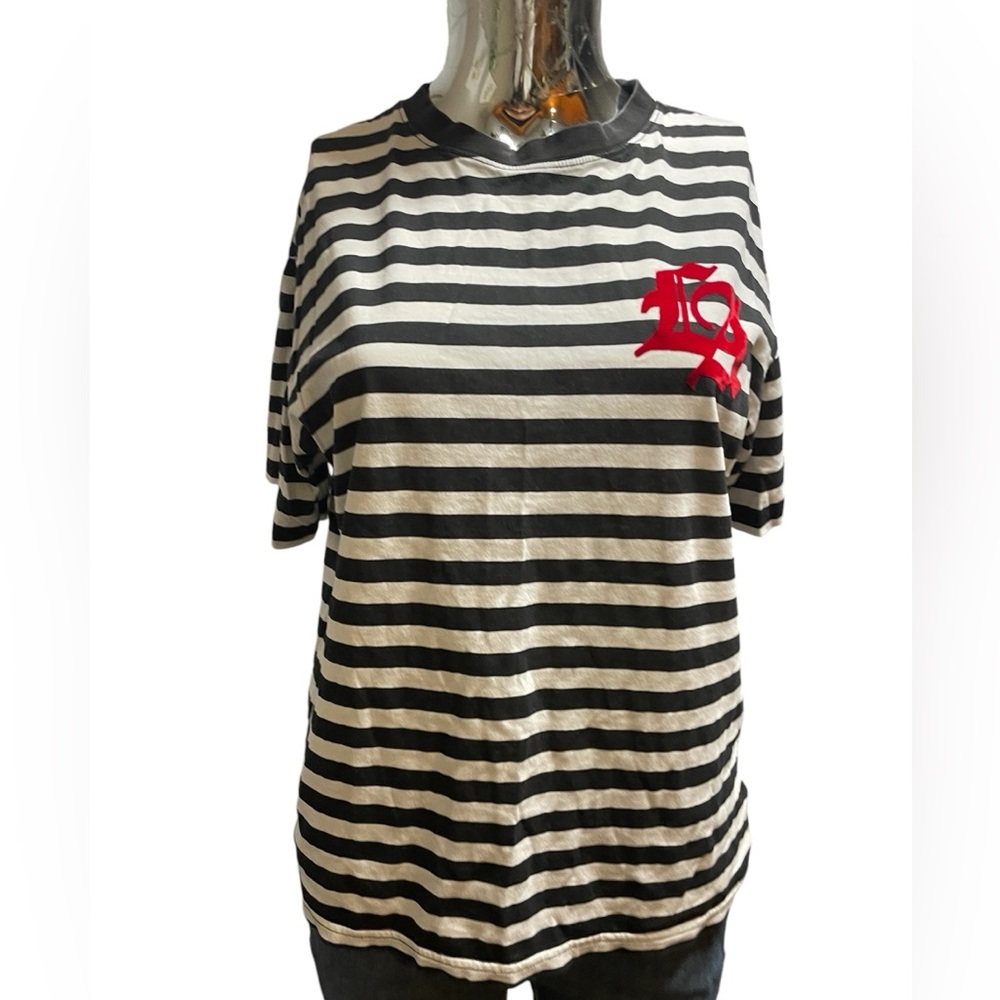 H&M Black and White Striped Tee with Red Accent